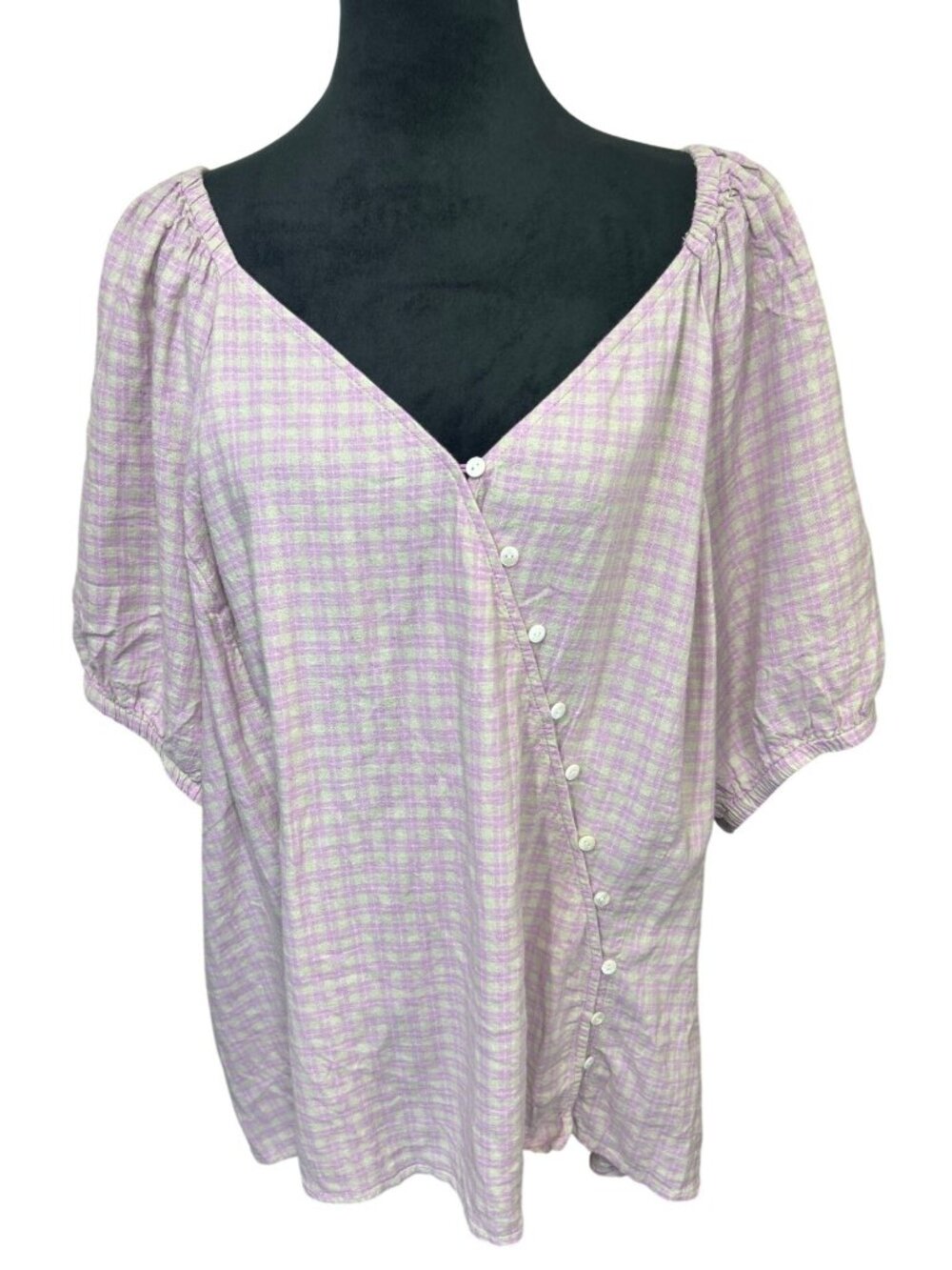 Madewell Women's 4X Purple Pink Plaid Linen Blend Button Front Short Sleeve Top